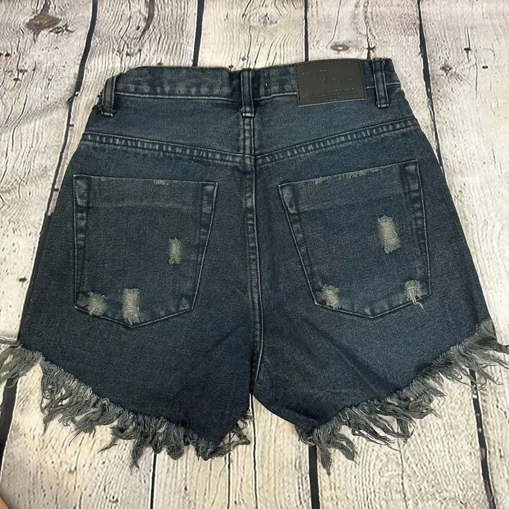 One Teaspoon Denim Shorts Bonita High Waist Long Rise Button Fly in Fox Black 25